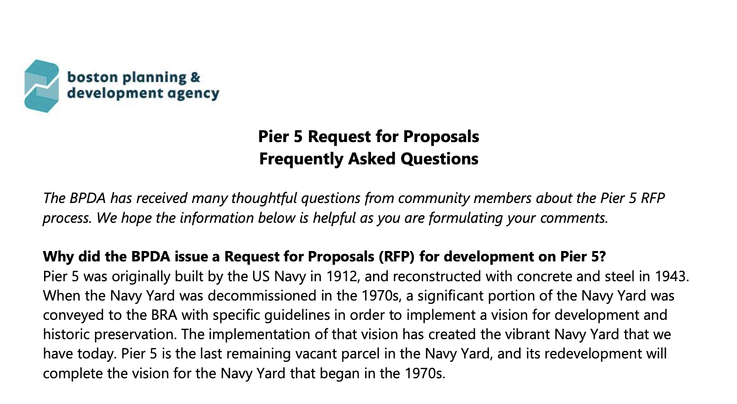 Pier 5 Request for Proposals FAQ Undated BRA